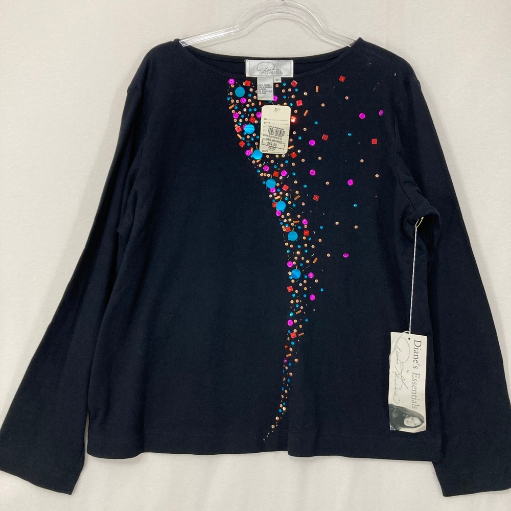 New Diane's Essentials Top 1X Black Sequin Beaded Long Sleeve Cotton Stretch
